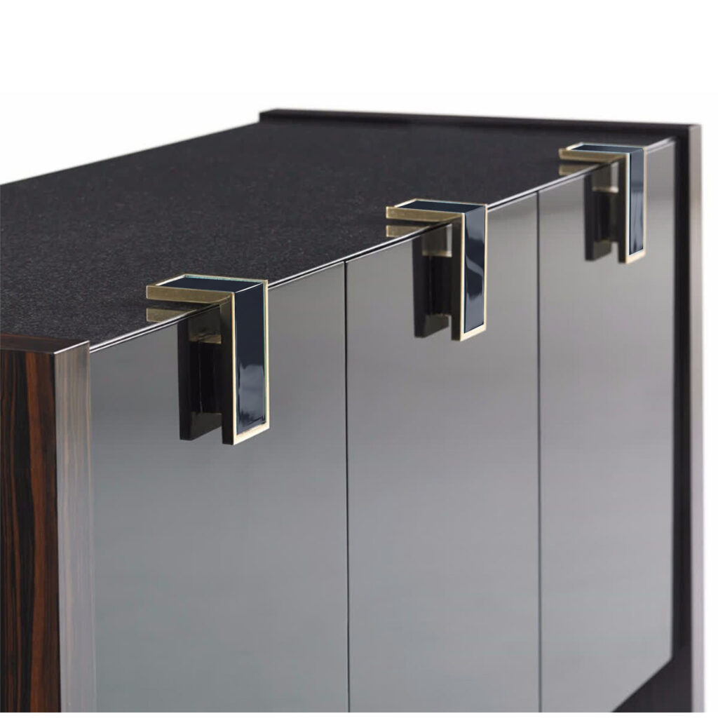 Contemporary lacquer and metal surface hardware system for luxury interior