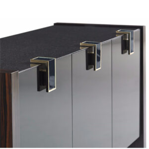 Contemporary lacquer and metal surface hardware system for luxury interior