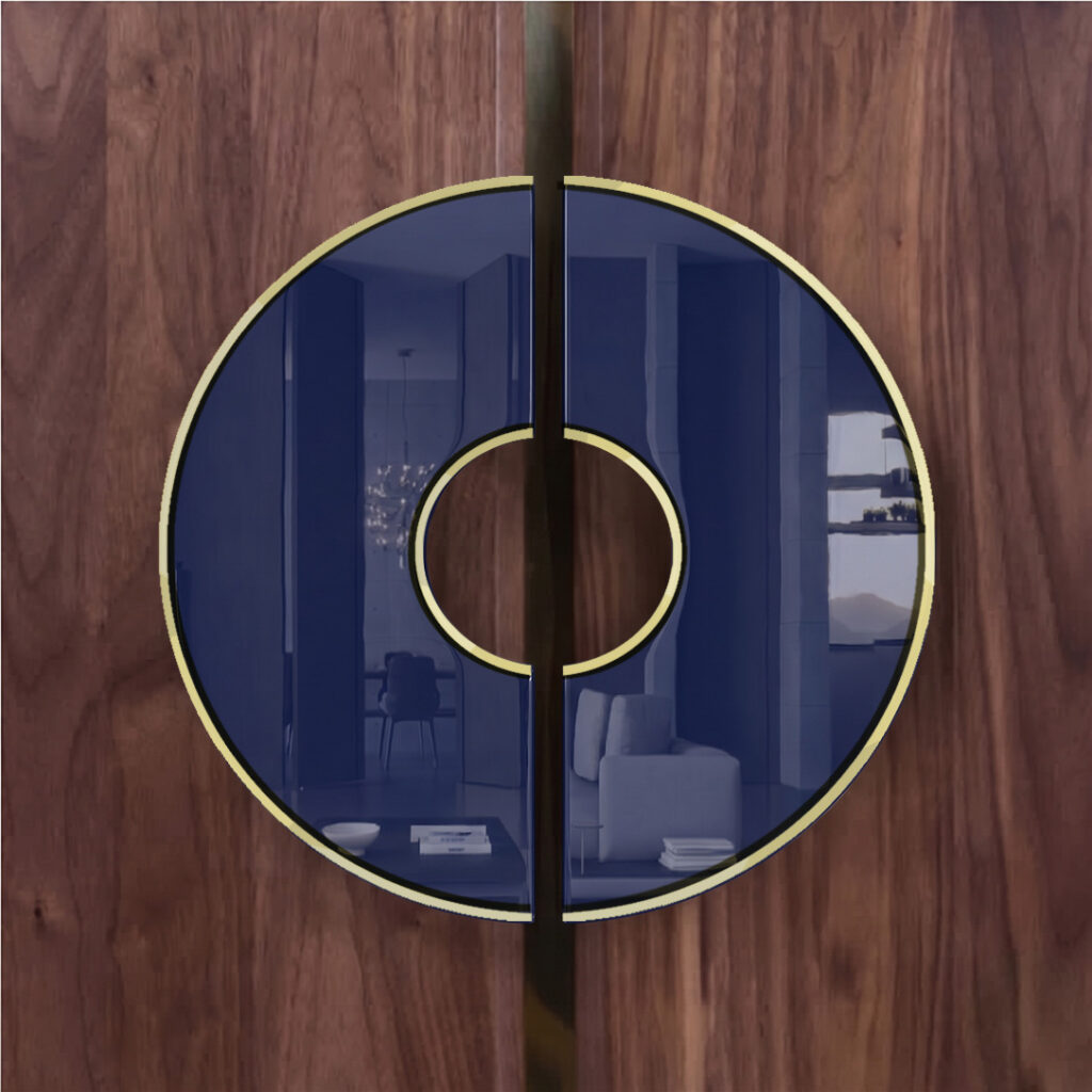 Nhu Hong’Art Touch System architectural entry door pull handles featuring circular lacquer hardware with metal detailing and wood veneer integration in a Hardware Jewelry concept